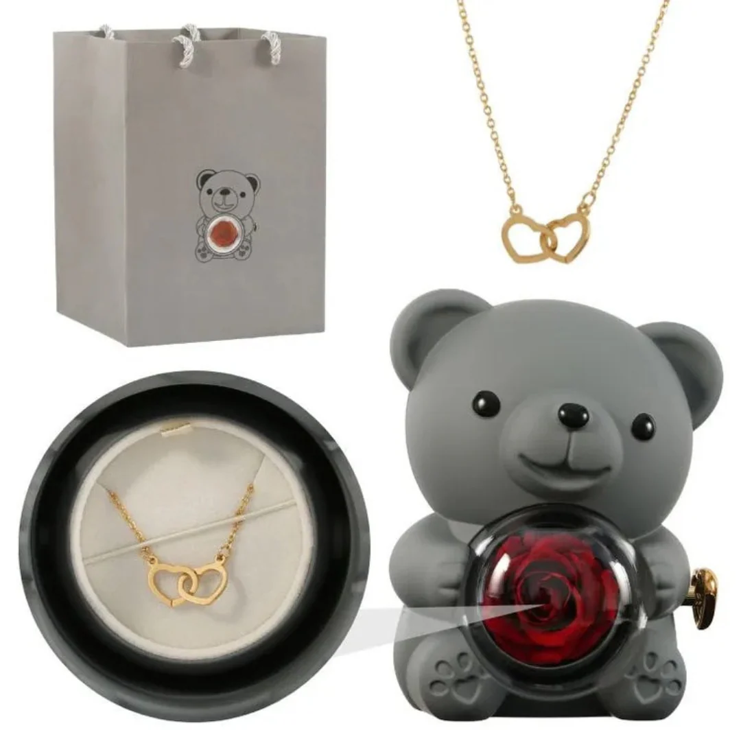 Boîte Ourson Rouge & Collier Personnalisé avec Rose Éternelle - Image 12