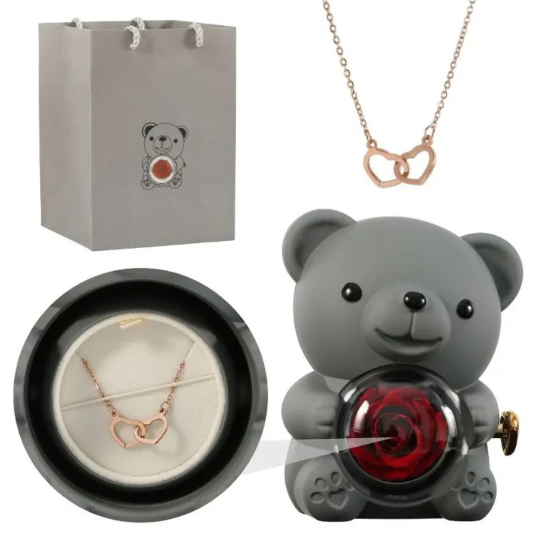 Boîte Ourson Rouge & Collier Personnalisé avec Rose Éternelle - Image 13