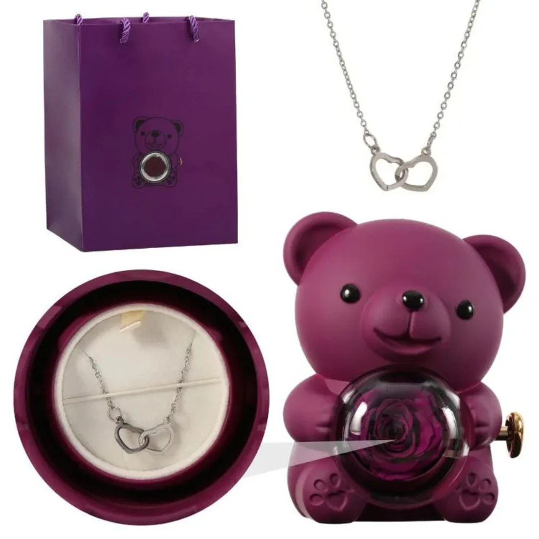 Boîte Ourson Rouge & Collier Personnalisé avec Rose Éternelle - Image 16