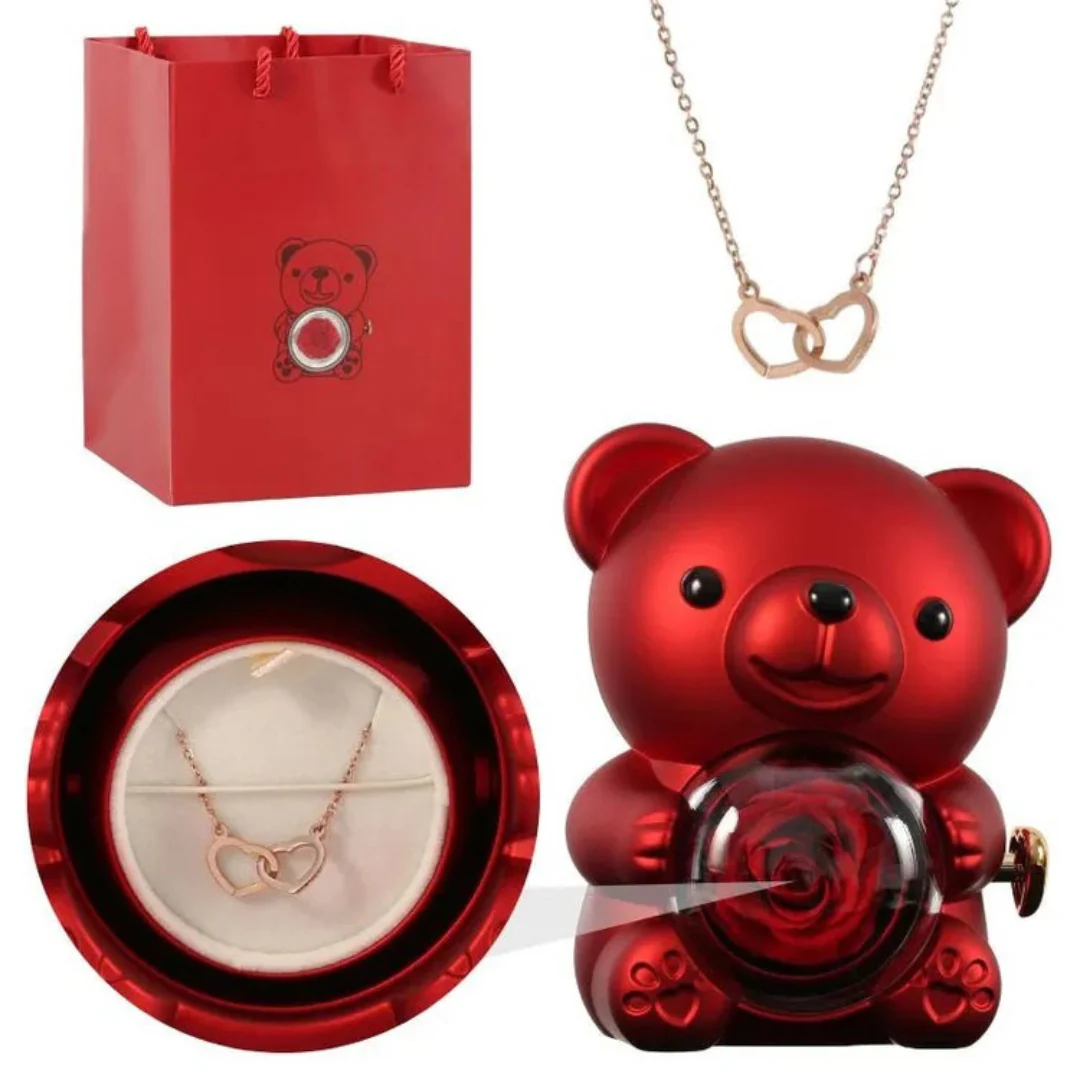 Boîte Ourson Rouge & Collier Personnalisé avec Rose Éternelle - Image 2
