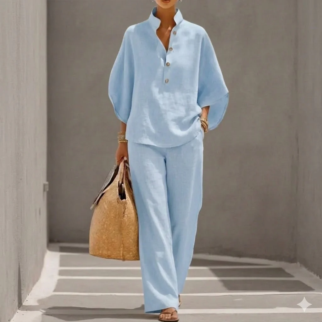 Ensemble Coton Lin Manches Chauve-Souris Pantalon Large - Image 2