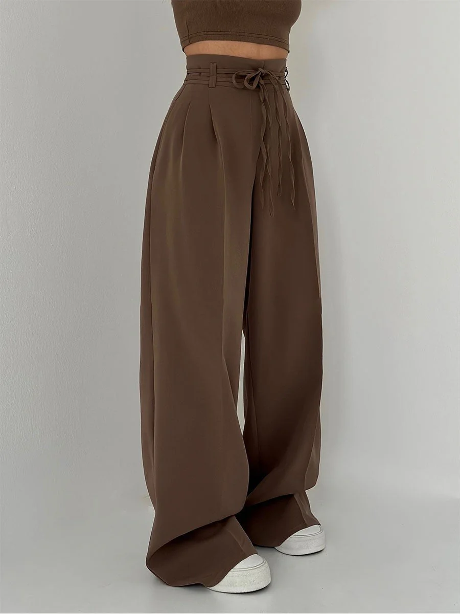 Lina | Pantalon large élégant à taille haute avec détail ceinture