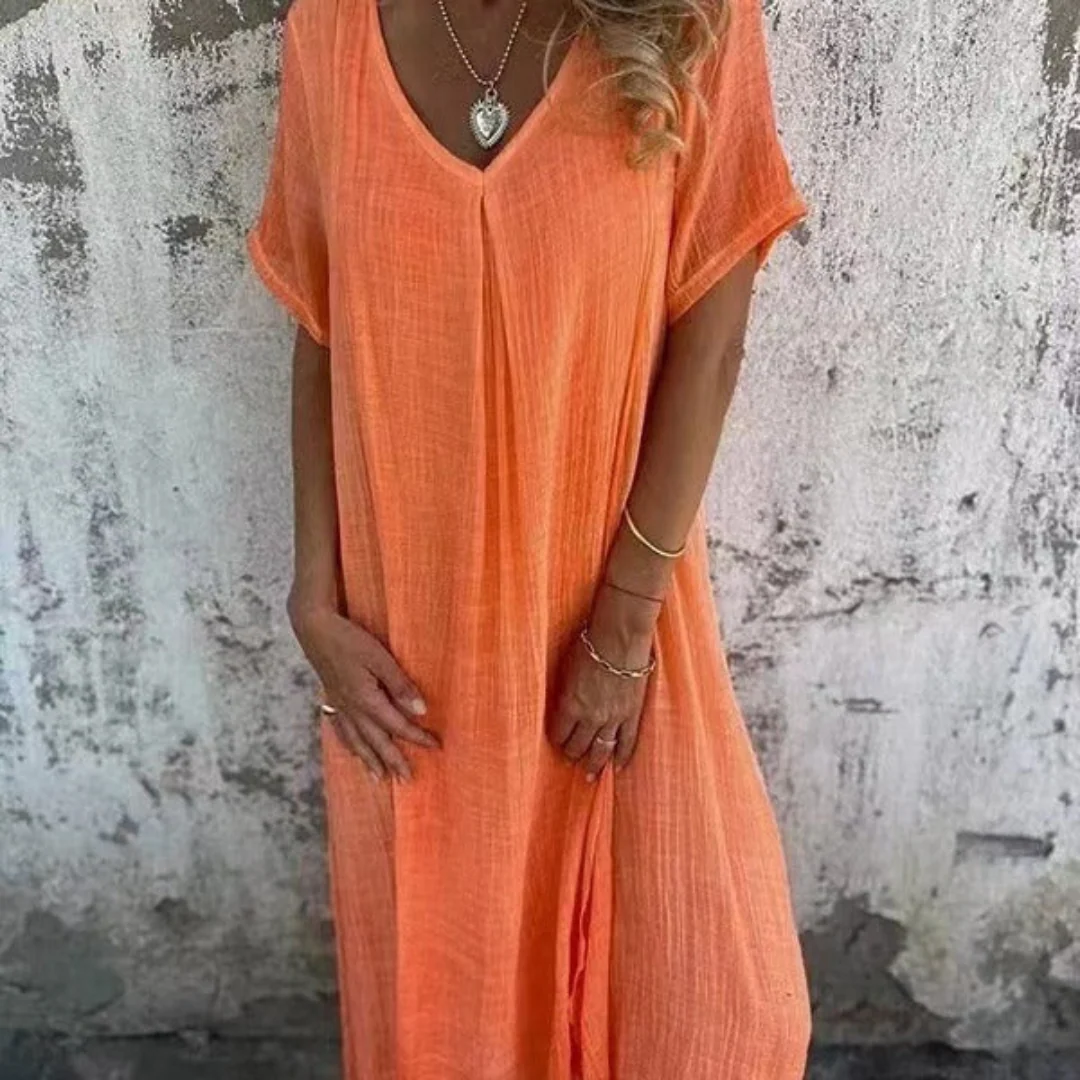 Robe fluide col V en coton et lin - Image 5