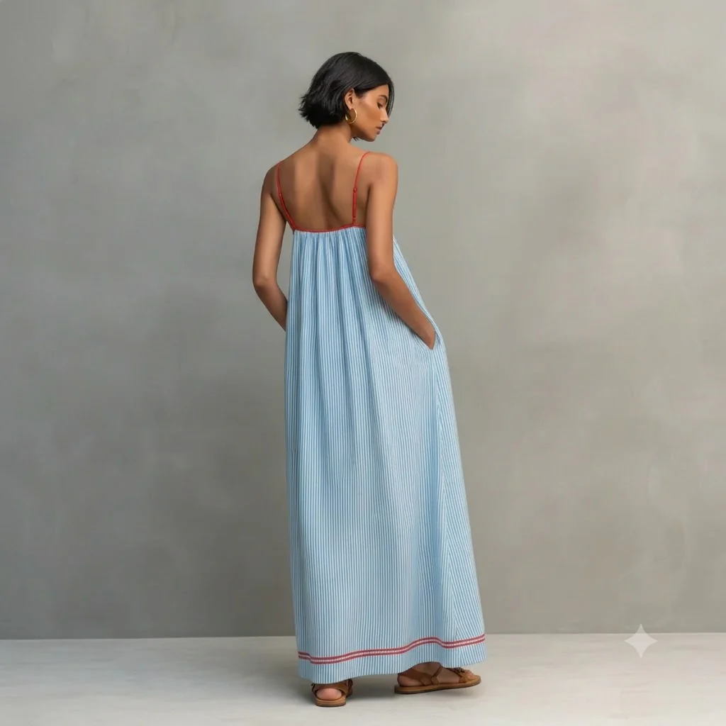 Robe longue fluide rayée bleu ciel légère été - Image 2