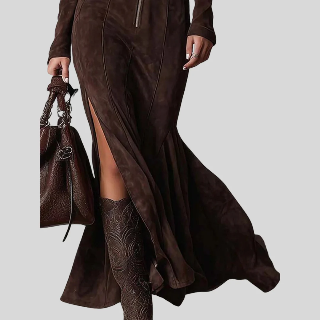 Robe longue en daim brun avec zip et ceinture - Image 3