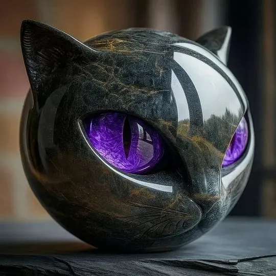 Sculpture Tête de Chat Noire Mystique - Image 5